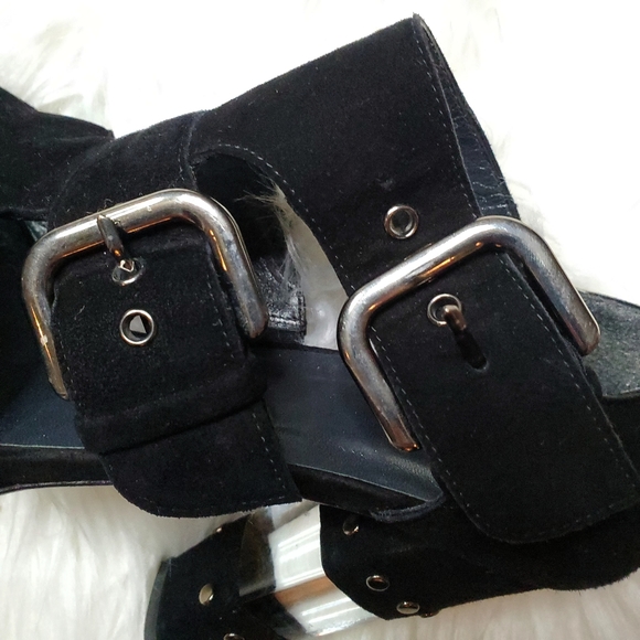 Stuart Weitzman | Black Suede Clear Open Toe Heels - Picture 6 of 8